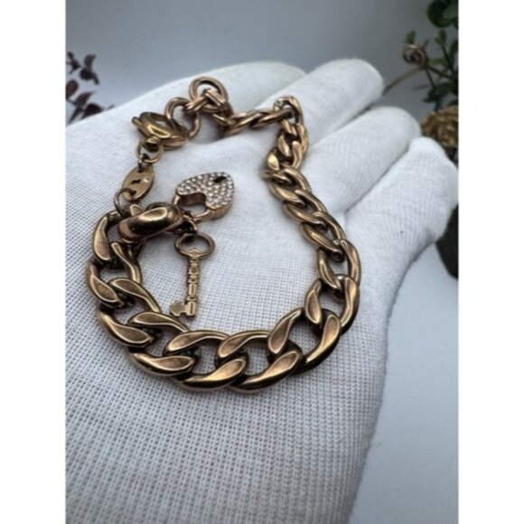 Fossil Link Bracelet Rose Gold Tone, Rhinestone Heart Lock Charm Whit Key- Cute - Picture 13 of 13